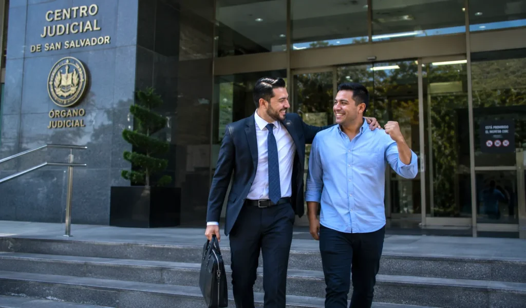 Abogado de El Salvador saliendo de audiencia con cliente satisfecho.